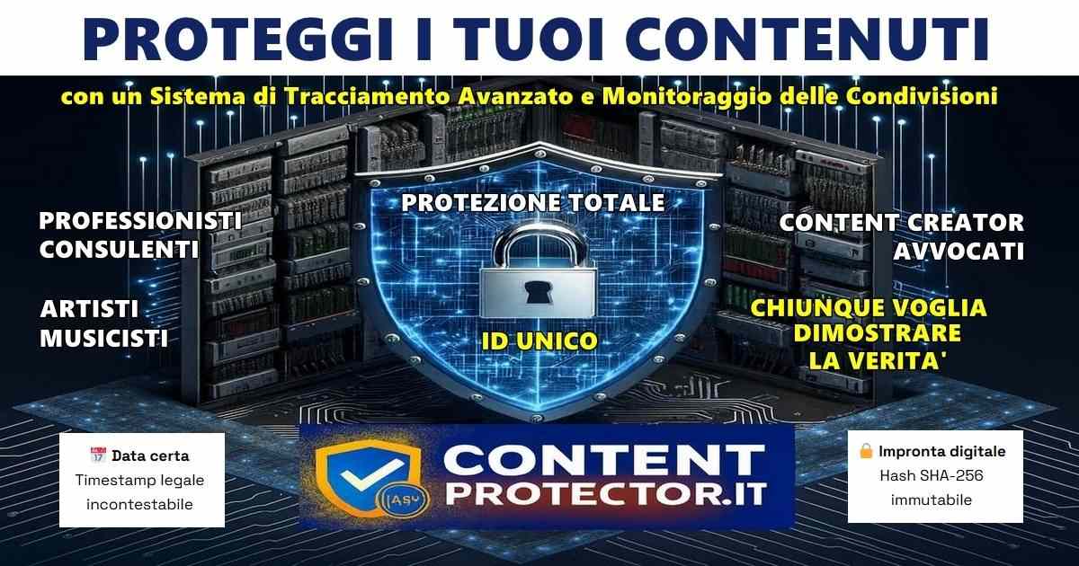 ContentProtector.it per certificare immediatamente e in modo forense i tuoi contenuti con hash SHA-256 e marcatura temporale qualificata, gestirli nella tua area personale e tracciare l’apertura da parte dei destinatari.